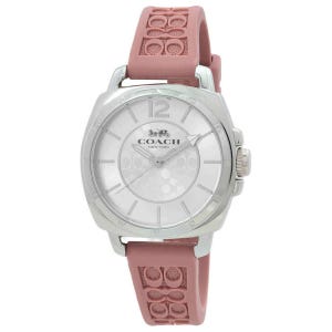 COACH Boyfriend Watch features a silver-tone case and markers with a logo-embossed pink silicone strap. The dial is silver with minimal hour markers and the COACH logo with a horse and carriage motif.
