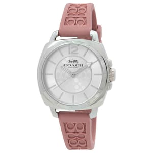 COACH Boyfriend Watch features a silver-tone case and markers with a logo-embossed pink silicone strap. The dial is silver with minimal hour markers and the COACH logo with a horse and carriage motif.