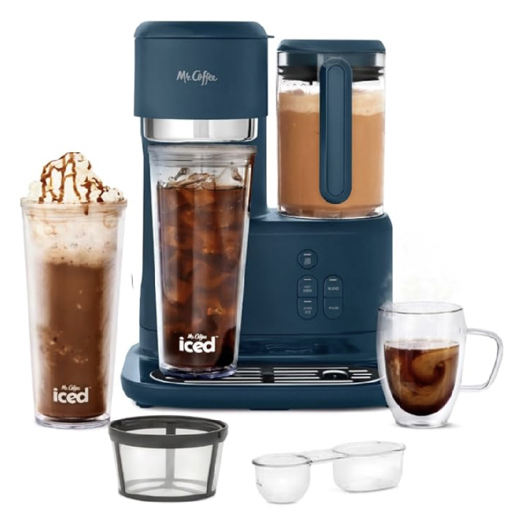The Mr. Coffee Blender & Coffee Maker combo is a navy blue appliance designed for making iced coffee, featuring a blender, an iced coffee tumbler, a glass mug, a mesh filter, and a measuring scoop.