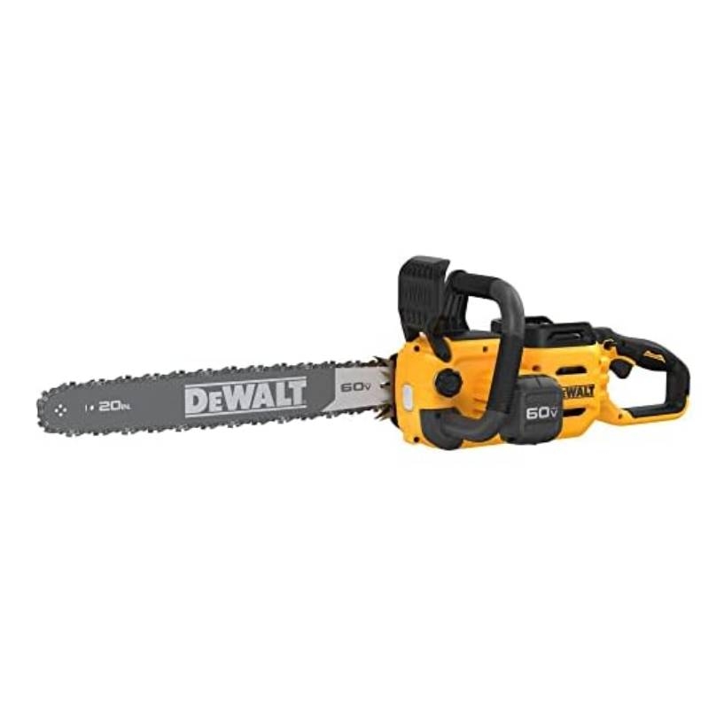 DeWalt 60V cordless chainsaw with a 20-inch bar, featuring a yellow and black design.