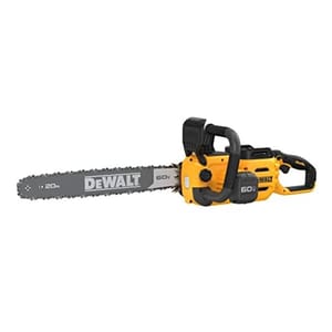 DeWalt 60V cordless chainsaw with a 20-inch bar, featuring a yellow and black design.