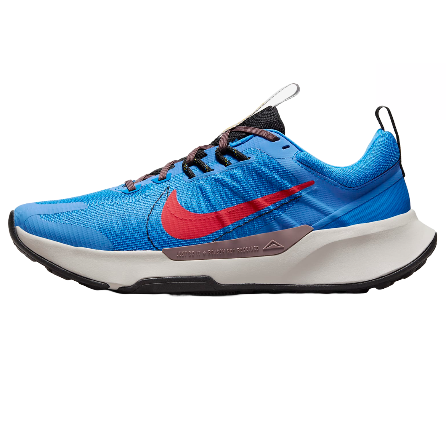 Nike Juniper Trail 2 shoes feature a blue mesh upper with a red Nike swoosh, brown laces, a cushioned white midsole, and a black outsole; the design emphasizes trail running durability and comfort.