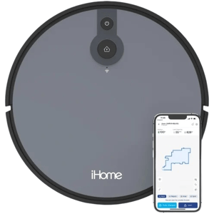 A robotic vacuum cleaner with the brand \“iHome\“ displayed, accompanied by a smartphone showing a cleaning map on its screen.