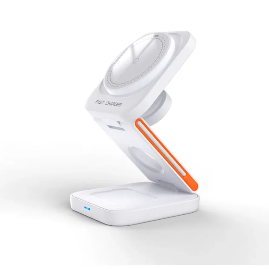 A white foldable wireless charger with an adjustable angle stand and a round charging pad, accented with an orange strip.