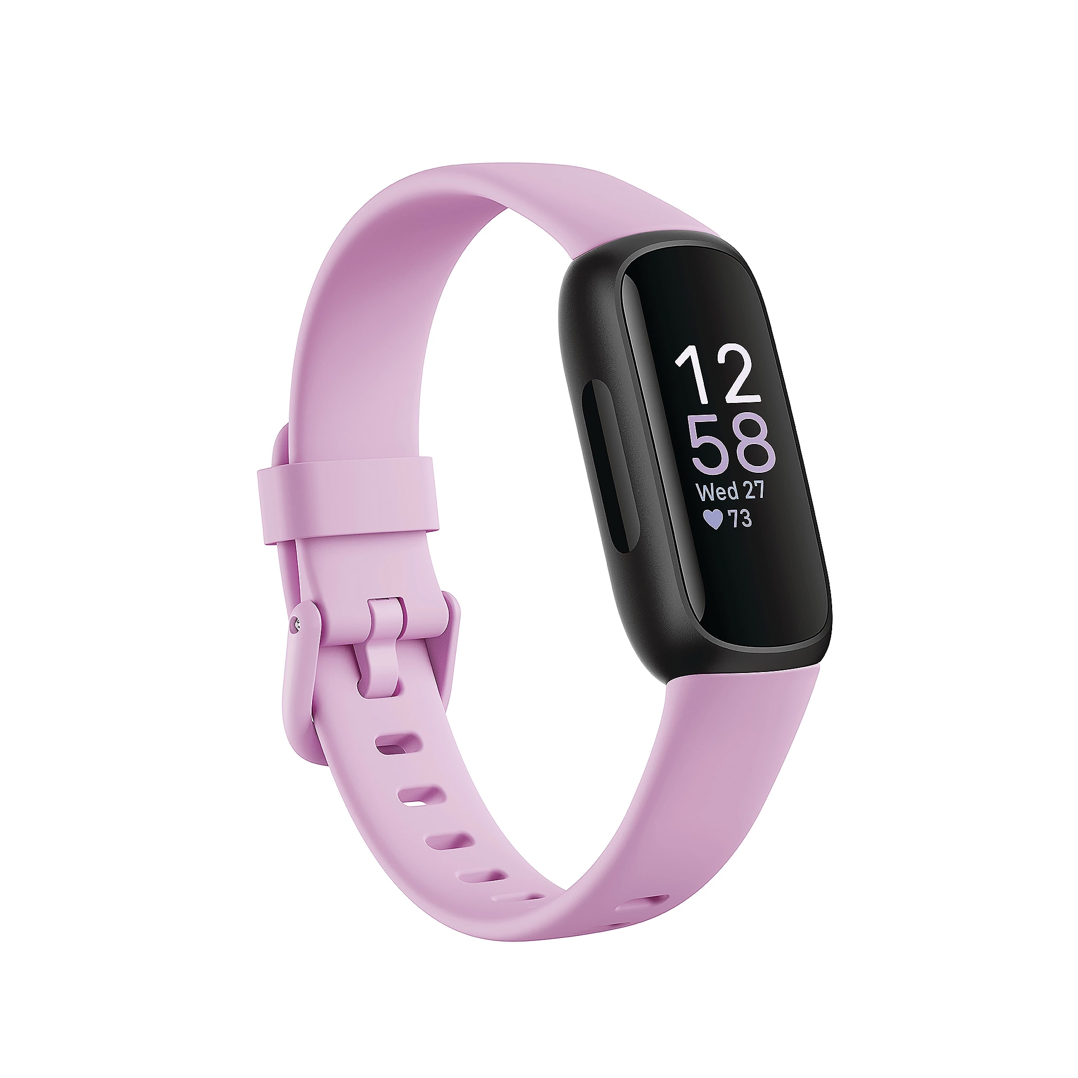 A pink fitness tracker displaying the time, date, heart rate, and battery level on its screen.