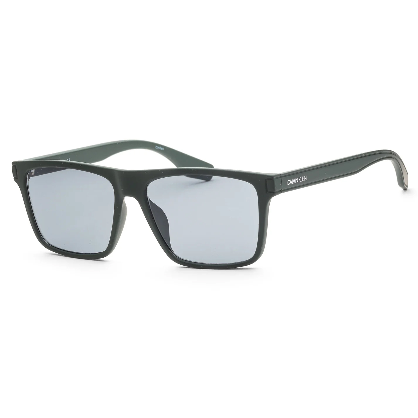 Rectangular-shaped dark green sunglasses with dark lenses and \“Calvin Klein\“ printed on the temples.