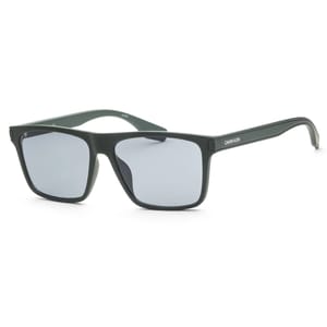 Rectangular-shaped dark green sunglasses with dark lenses and \“Calvin Klein\“ printed on the temples.