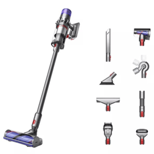 Cordless stick vacuum cleaner with multiple attachments, including a crevice tool, mini motorized tool, swivel joint, soft brush, flat head tool, extension hose, combination tool, and fabric tool.