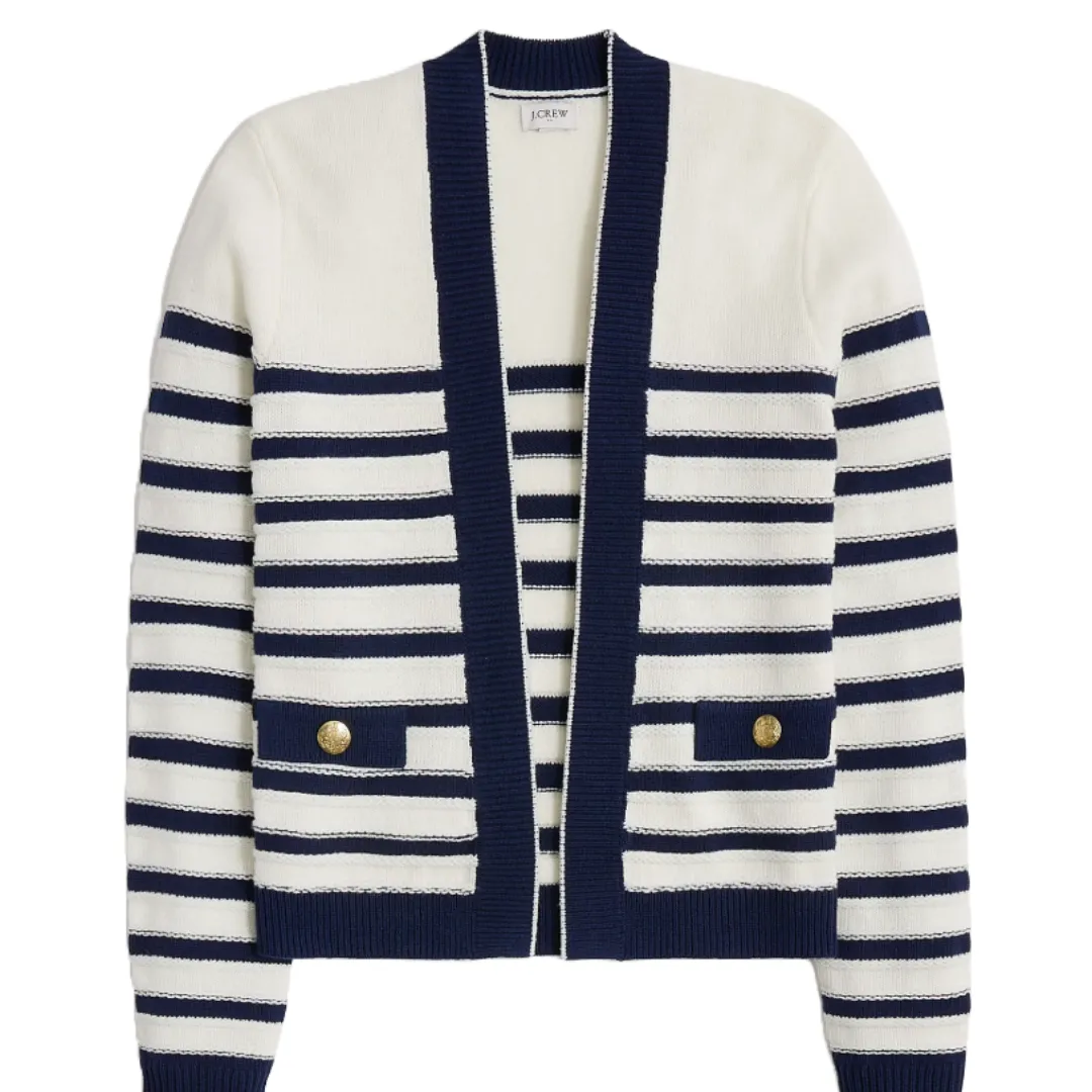 J.Crew Factory cardigan featuring a navy and white striped pattern with a button-up front and contrasting navy ribbed edges. It includes two front pockets with gold-tone buttons.