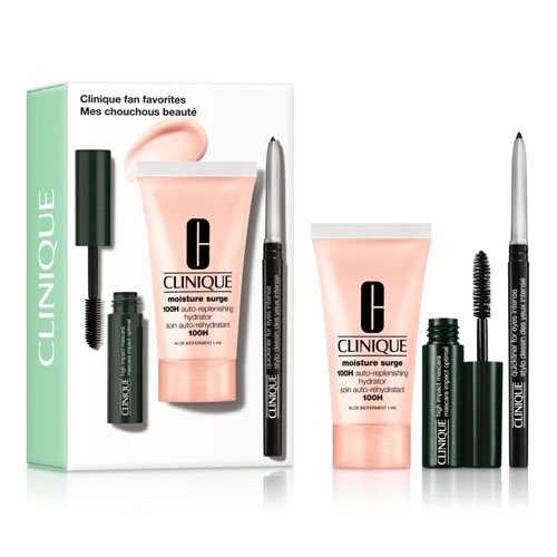 Clinique 3-piece set includes Moisture Surge 100H Auto-Replenishing Hydrator, High Impact Mascara in black, and Quickliner for Eyes Intense in intense black; packaging includes both English and French.