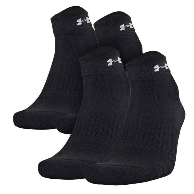 A 6-pair pack of black Under Armour ankle socks featuring a ribbed design and the brand's logo near the cuff.