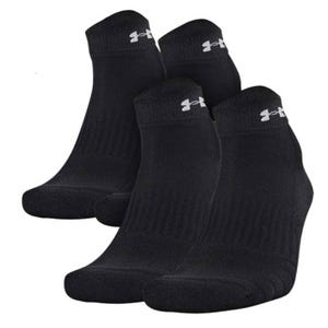 A 6-pair pack of black Under Armour ankle socks featuring a ribbed design and the brand's logo near the cuff.