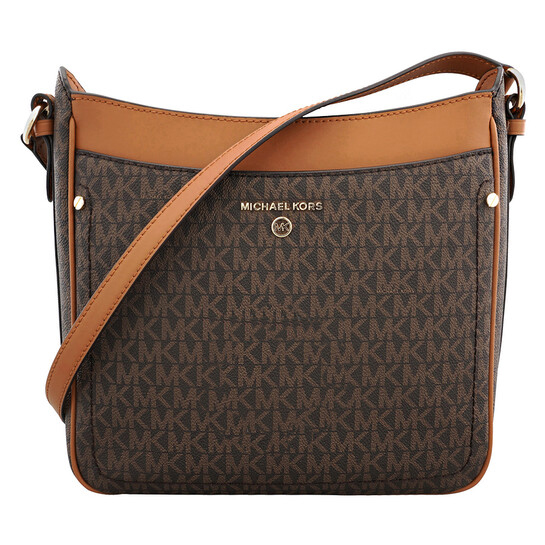 Michael Kors Signature Crossbody features a brown monogram with \“MK\“ pattern, tan leather trim, and adjustable strap for easy wear. The front displays the brand's logo in gold-tone accents.
