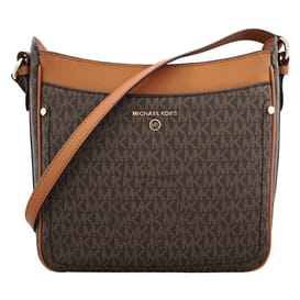Michael Kors Signature Crossbody features a brown monogram with \“MK\“ pattern, tan leather trim, and adjustable strap for easy wear. The front displays the brand's logo in gold-tone accents.