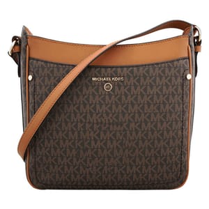 Michael Kors Signature Crossbody features a brown monogram with \“MK\“ pattern, tan leather trim, and adjustable strap for easy wear. The front displays the brand's logo in gold-tone accents.