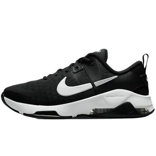Black and white athletic shoe with a white swoosh logo, featuring visible air cushioning in the sole, lace closure, and a pull tab on the heel.