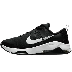 Black and white athletic shoe with a white swoosh logo, featuring visible air cushioning in the sole, lace closure, and a pull tab on the heel.