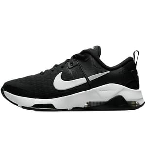 Black and white athletic shoe with a white swoosh logo, featuring visible air cushioning in the sole, lace closure, and a pull tab on the heel.