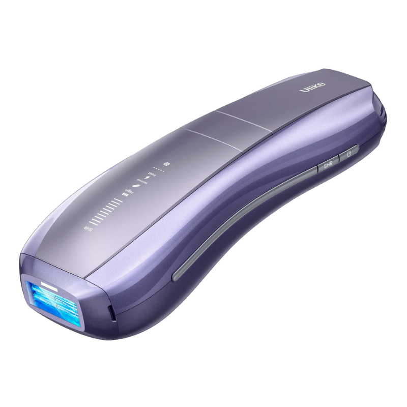 Ulike Air 10 Hair Removal Device is a sleek, purple handheld IPL device with an ergonomic design, featuring buttons for power and mode settings, and a treatment window illuminated in blue for hair removal sessions.