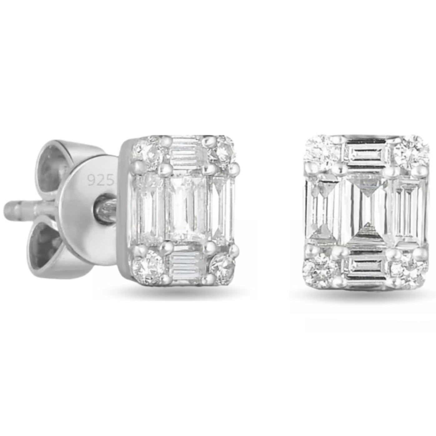 Silver stud earrings with a rectangular design featuring baguette and round-cut stones, marked \“925\“ for sterling silver.