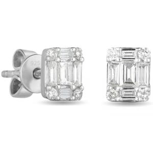 Silver stud earrings with a rectangular design featuring baguette and round-cut stones, marked \“925\“ for sterling silver.