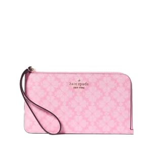 Pink Kate Spade wristlet with a floral pattern, featuring a zipper closure and detachable wrist strap.
