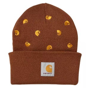 Brown Carhartt knit beanie featuring multiple yellow logos embroidered across the crown and a large Carhartt patch logo on the cuff.