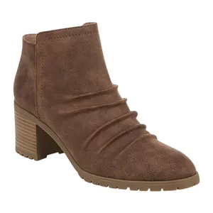 Brown ankle boot with a chunky heel and ruched design on the front.