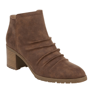 Brown ankle boot with a chunky heel and ruched design on the front.