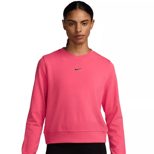 A pink Nike Dri-Fit French Terry Sweatshirt featuring a crew neck and a small Nike swoosh logo on the front. The design is simple and athletic, providing comfort and a stylish look.