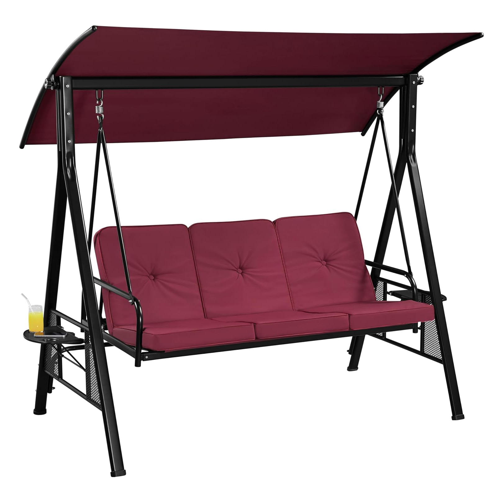 A 3-seat porch swing with a burgundy canopy and cushioned seats, featuring a black metal frame. It includes a side tray with a drink holder.
