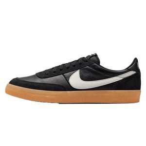 Nike Killshot 2 Shoes feature a sleek black leather upper with suede accents, a white Nike swoosh, and a gum rubber sole for a classic, minimalist look.