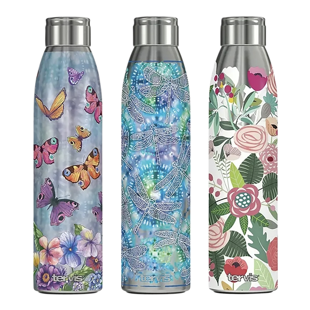 A set of three stainless steel Tervis tumblers, each with a unique design: butterflies on a floral background, blue dragonflies, and a floral pattern with various leaves and flowers.