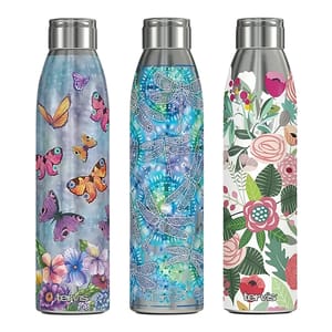 A set of three stainless steel Tervis tumblers, each with a unique design: butterflies on a floral background, blue dragonflies, and a floral pattern with various leaves and flowers.