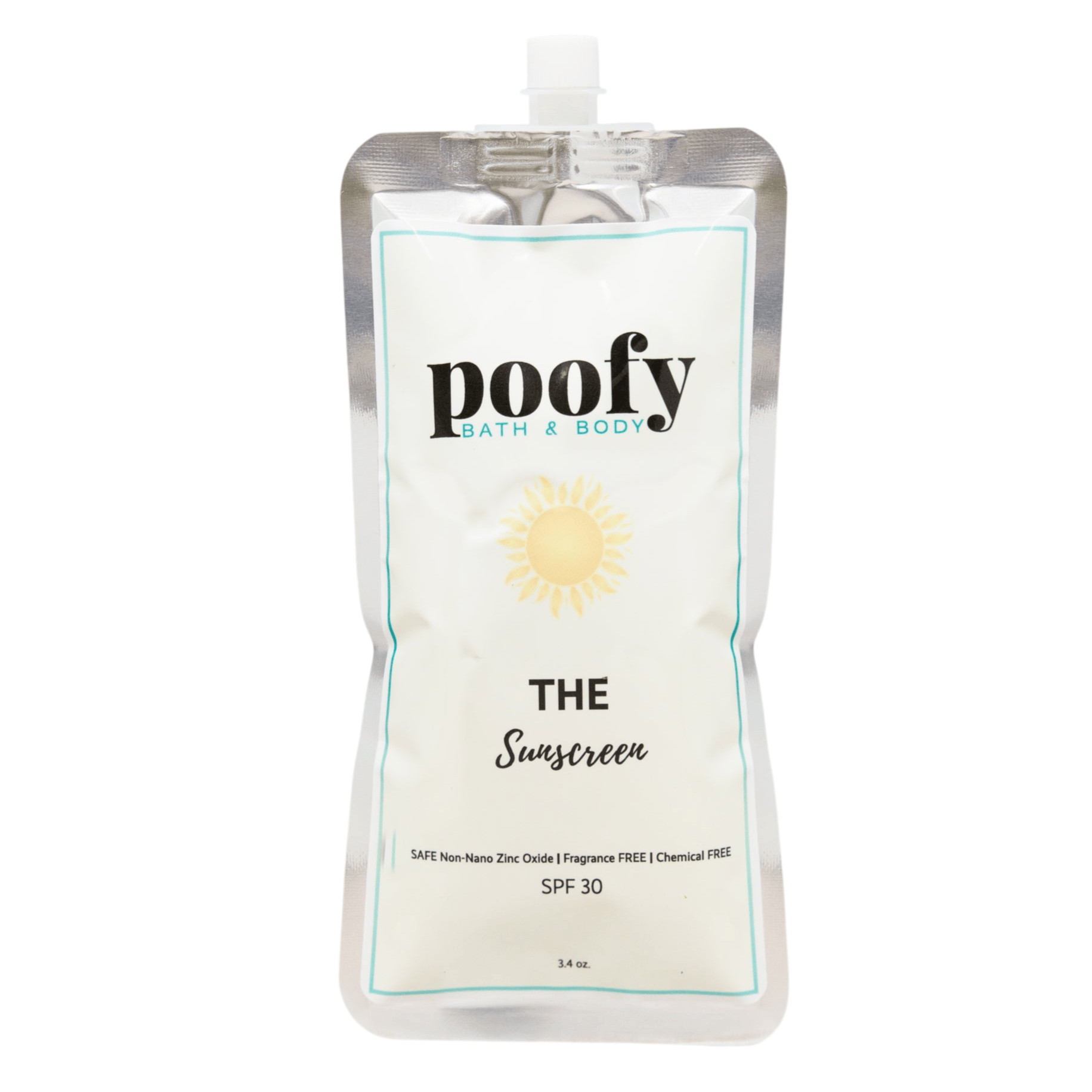 Poofy Bath & Body sunscreen pouch, featuring non-nano zinc oxide, fragrance-free and chemical-free with SPF 30, 3.4 oz.