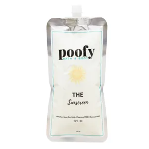 Poofy Bath & Body sunscreen pouch, featuring non-nano zinc oxide, fragrance-free and chemical-free with SPF 30, 3.4 oz.