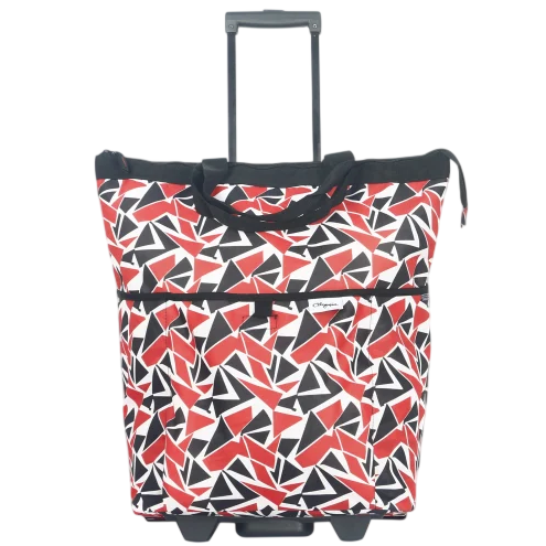 A wheeled tote bag with a retractable handle and red, black, and white abstract geometric pattern.