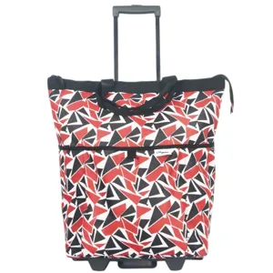 A wheeled tote bag with a retractable handle and red, black, and white abstract geometric pattern.