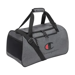 A gray Champion duffel bag with black straps and a large front logo, featuring a zippered main compartment and a detachable shoulder strap.