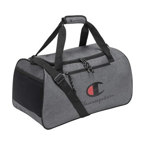 A gray Champion duffel bag with black straps and a large front logo, featuring a zippered main compartment and a detachable shoulder strap.