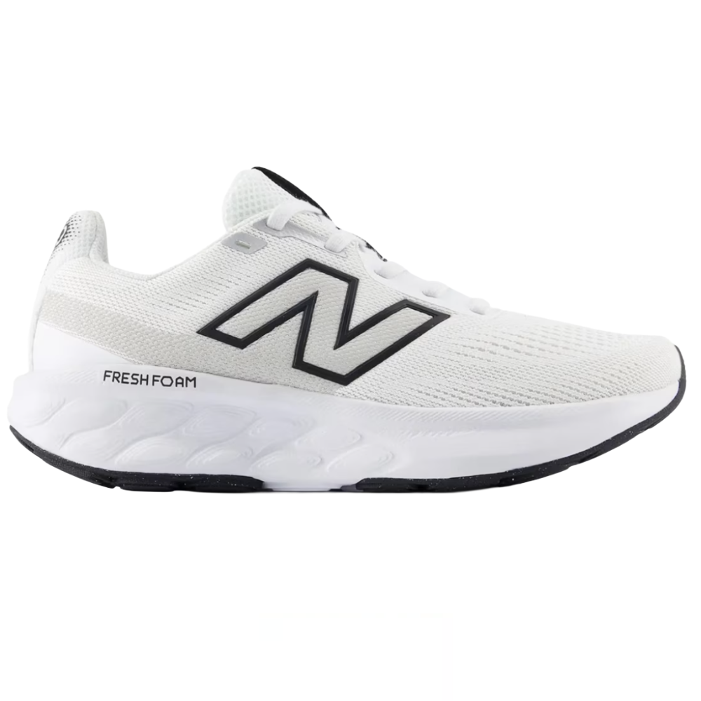 White New Balance running shoe with \“Fresh Foam\“ cushioning, featuring a mesh upper and the signature \“N\“ logo in black.