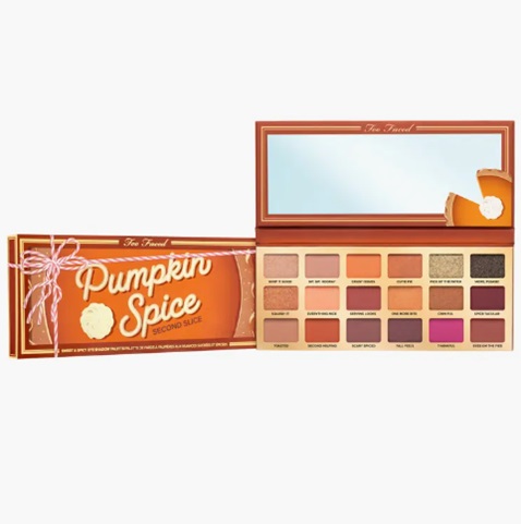 This is the Too Faced Pumpkin Spice eyeshadow palette, featuring an array of 18 shades with both matte and shimmer finishes, presented in a rectangular package with a mirror.