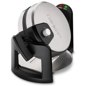 This is a Cuisinart round waffle maker with adjustable browning control and indicator lights.
