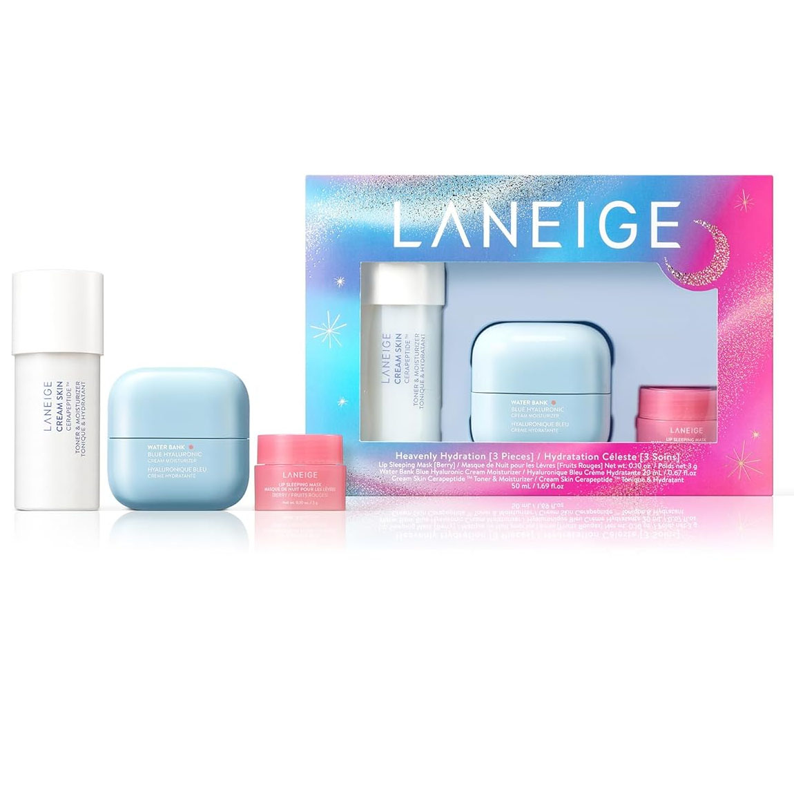 A Laneige skincare set featuring a moisturizer, lip mask, and two smaller containers of hydration creams, all presented in a colorful box with radiant blue and pink hues.