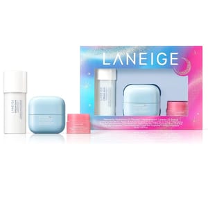 A Laneige skincare set featuring a moisturizer, lip mask, and two smaller containers of hydration creams, all presented in a colorful box with radiant blue and pink hues.