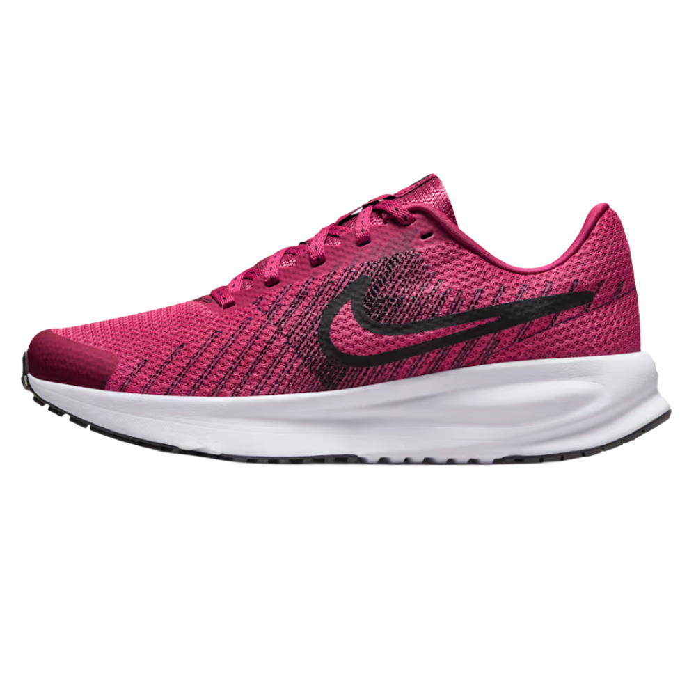 Pink athletic running shoe with a black swoosh logo, white sole, and textured mesh upper for breathability.