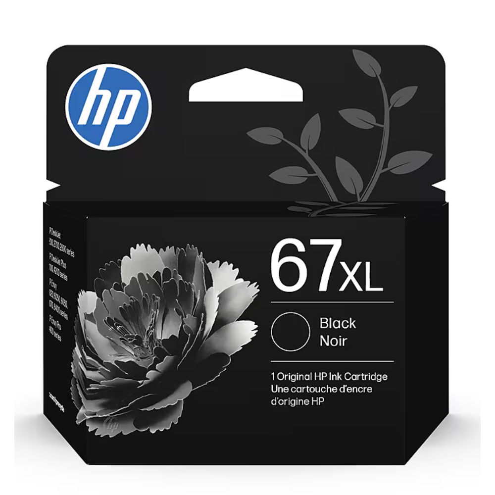HP 67XL high-yield black ink cartridge for select HP printers.