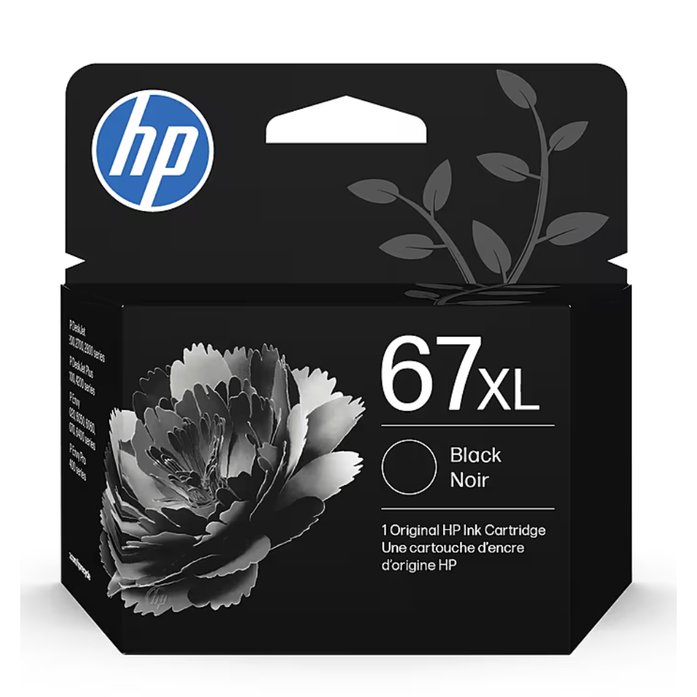 HP 67XL high-yield black ink cartridge for select HP printers.