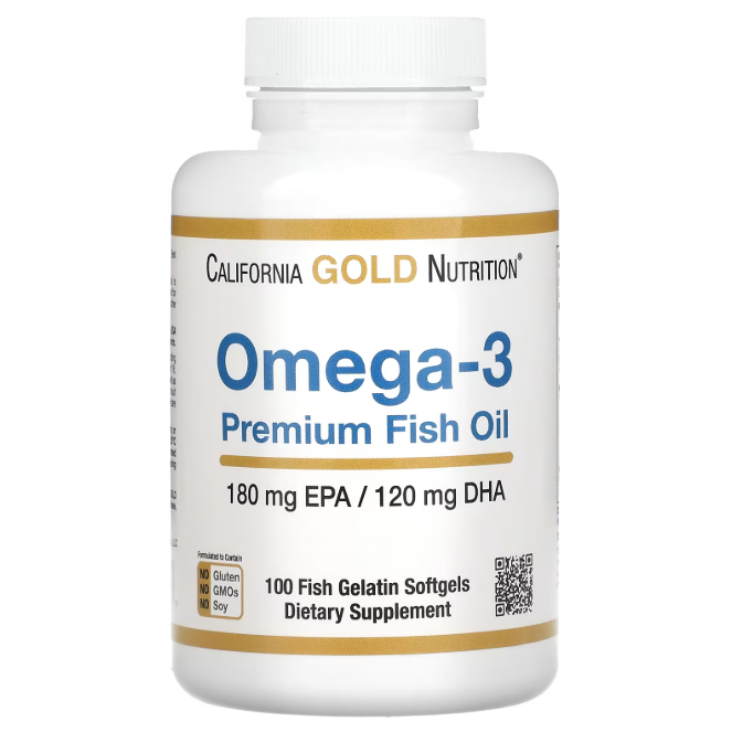 California Gold Nutrition Omega-3 Premium Fish Oil, 180 mg EPA and 120 mg DHA per serving, 100 fish gelatin softgels, gluten-free, non-GMO, and soy-free.