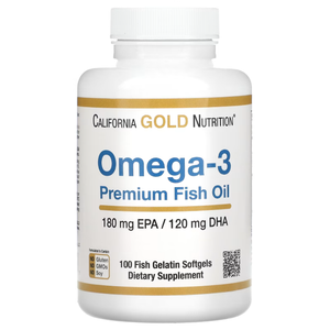 California Gold Nutrition Omega-3 Premium Fish Oil, 180 mg EPA and 120 mg DHA per serving, 100 fish gelatin softgels, gluten-free, non-GMO, and soy-free.